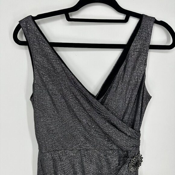 3/$25 Maggy London Cocktail Dress 4 Faux Wrap Metallic Embellished Broch Black - Picture 4 of 9